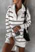 Striped O-Ring Zip Front Collared Drop Shoulder Long Sleeve Sweater Dress